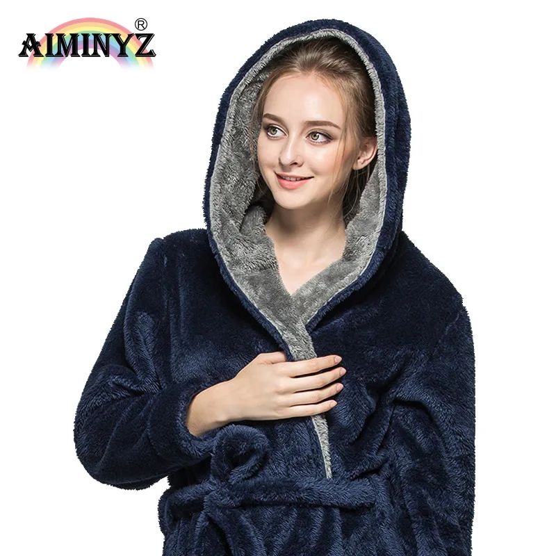 AIMINYZ Hotsale Winter Lover Couple Flannel Soft Warm Long Hooded Robes Nightgown Home Clothe Bath Robe Dressing Gowns For Adult