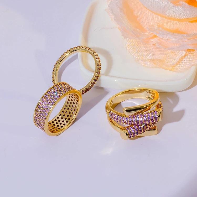 2024 New Round Stone Color Ring Diamond Ring Dense Wax Micro Inlaid Color Zircon Plated 18k Gold Ring