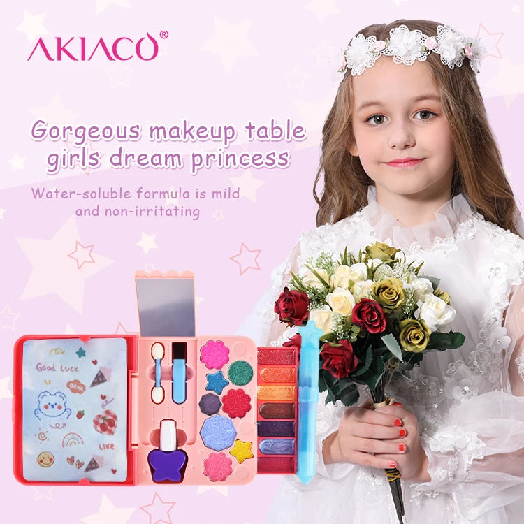 Akiaco Play Makeup for Little Girls with Ruby Bow Cosmetic Case Kids Makeup Kit for Girl