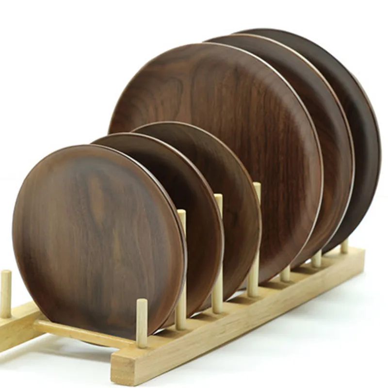 Hot sale restaurant home wood tableware  food serving dishes round black walnut wooden plates