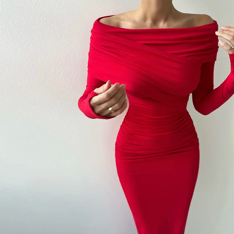 RedPeony  Fashion Slim Bodycon Female Vestidos Robes Slash Neck Long Sleeve Sheath Outfits Red Strapless Sexy Club Women Dresses