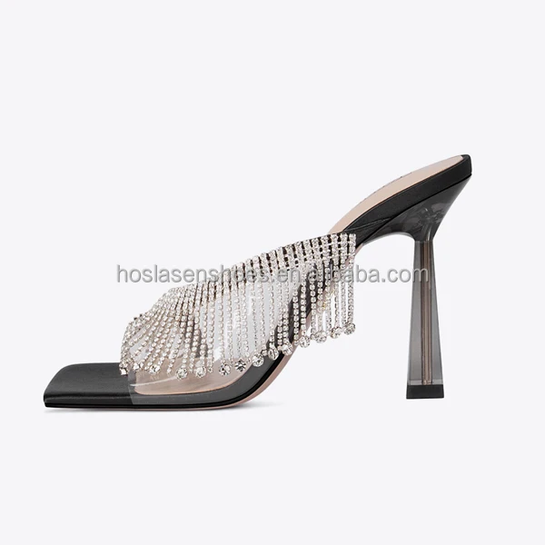 Hoslasen custom wholesale clear heel rhinestone chains sexy fashion comfort pvc sandals transparent sandals for women