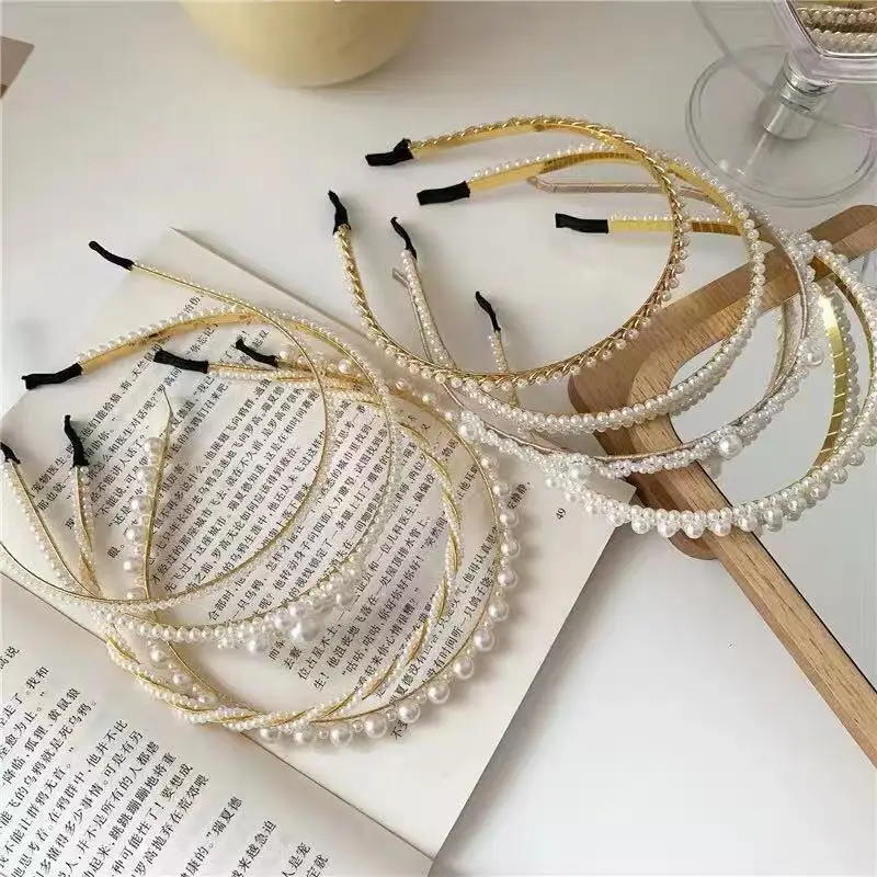2021 Luxury Daily Wear White Pearl Beaded Headband Women  Handmade Elastic Pearl Bow Hair Accessories Hairband for Girls