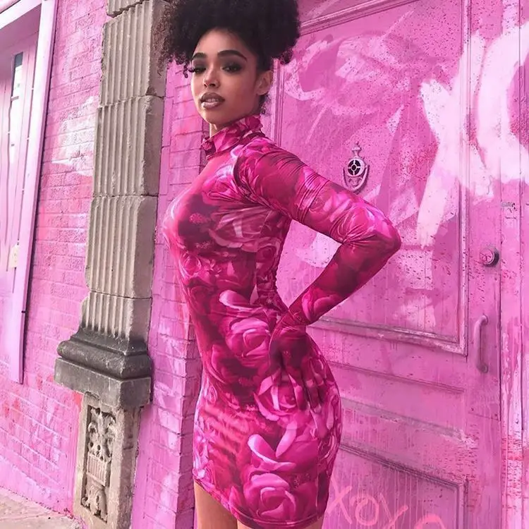 Fuchsia Floral Printed Slim Women Sexy Long Sleeve Mini Dresses Zipper Party Ladies Skinny Bodycon Mini Dress