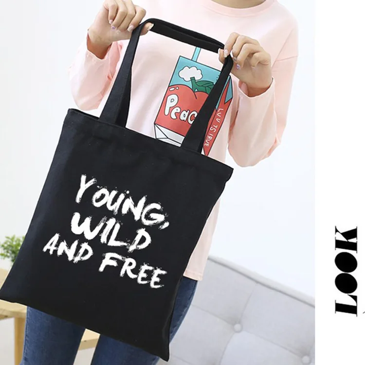 Wholesale Eco Black White Young Wild and Free Print Cotton Canvas Tote Bag for Women Girls
