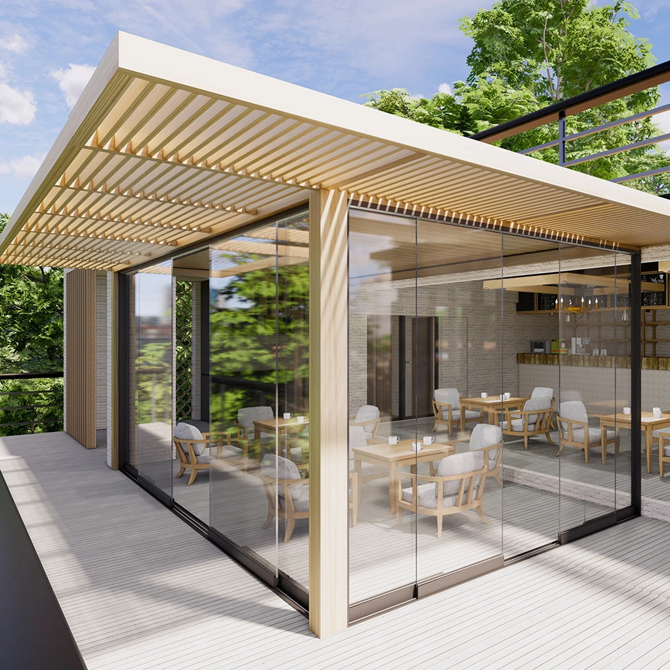 Professional Waterproof Windproof Glass Doors System Pergola Bioclimatique Outdoor Gazebo