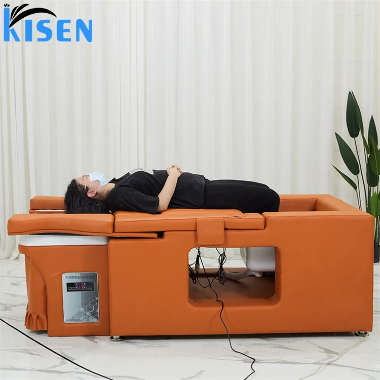Kisen high quality orange beauty salon furniture electric washing massage chair shampoo bed with water circulation steamer