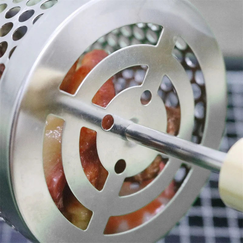 2 piece Barbecue Cylinder Round Mesh Stainless Steel BBQ net Tube Grill Rolling Grilling Basket with wood handle