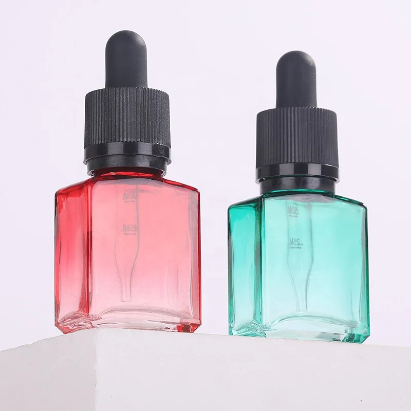 Hot Sale Push Button Clear Colored Square Perfume Amber Flat Glass Serum Dropper Bottles For Cuticle Essential Oil 50 100ml 4oz