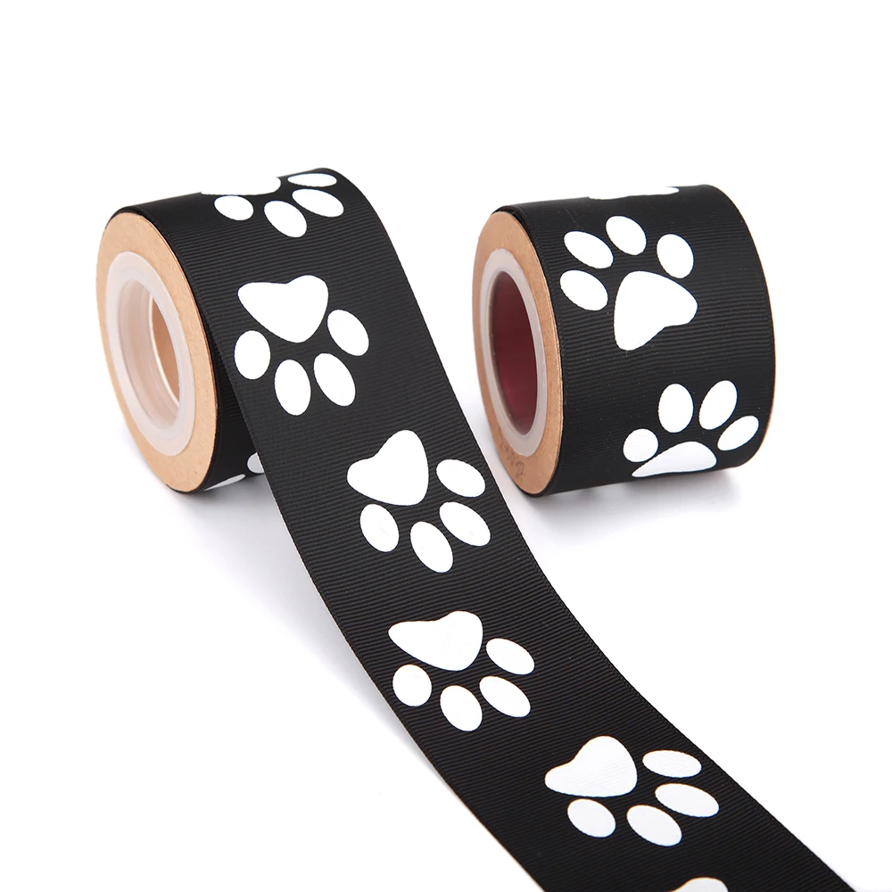 Hot Sale  2 inch Dogs Print Paws GrosGrain Tape Animal Print Ribbon 50mm Black Polyester Grosgrain  Paw Print Ribbon