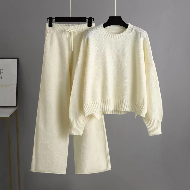 Winter 2023 Plus Size Ladies Sweater Wool Cashmere Knit Trousers and Sweater Two Piece Set