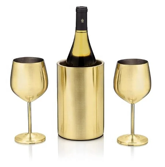 Wine Chiller and Wine Glasses Set Premium Stainless Steel Gold  Keeps Wine and Champagne Cold Exclusive Slip-Proof Bottom Double