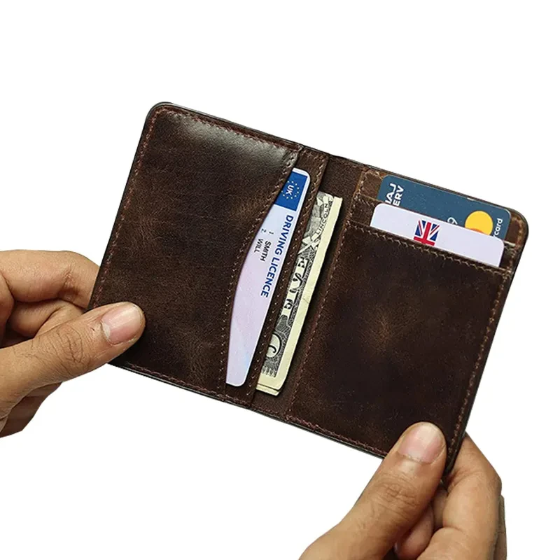 Retro Crazy Horse Genuine Leather Credit Card Holder Wallet RFID Blocking Business Brown Slim Bifold Wallet For Man
