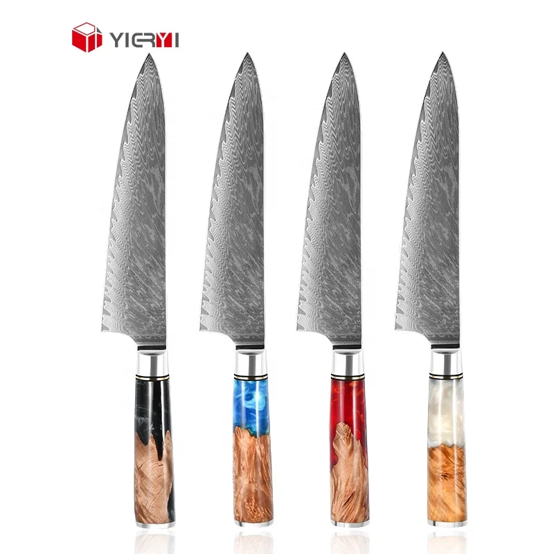 Damascus Knife Set 8 Inch Chef Knife Kitchen Knives Colorful Resin Stabilized Wood Turquoise Handle