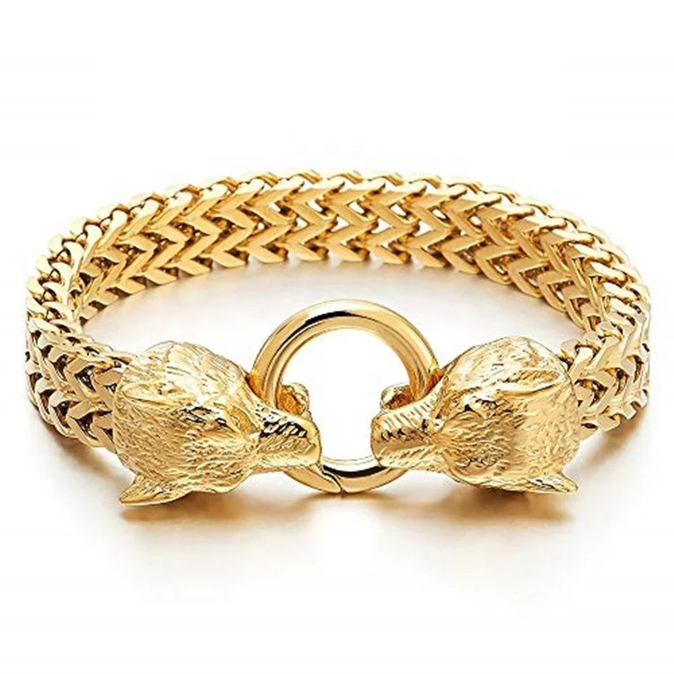 Cool punk 316l stainless steel real gold plated franco chain double lion head skull men bracelet