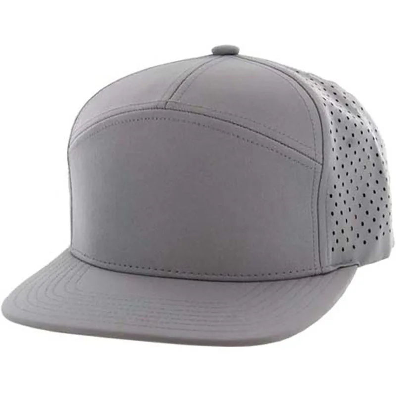 Custom High Quality Plain Rubber Pvc Patch Men Luxury 7 Panel Flat Brim Laser Cut Hole Perforated Hat, Hip Hop Snapback Caps