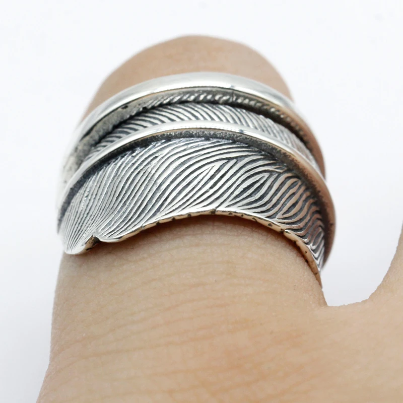 Vintage Indian Feather Men Women Ring 925 Sterling Silver Adjustable Punk Finger Ring for Lovers Antique Silver Jewelry