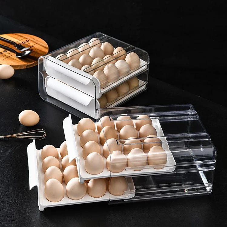 Egg Storage Container Kitchen Fridge Organizer Drawer Egg Plastic Storage Box 32 Grid 2-Layer Egg Container Trays