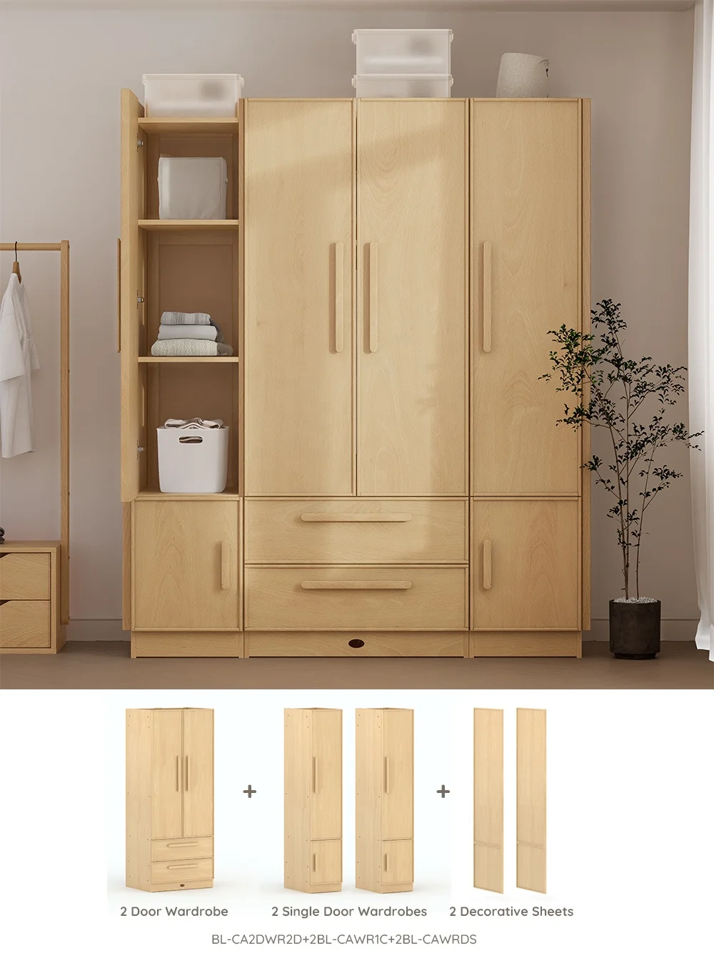 Only B2B Boori Solid Wood Bedroom Furniture Combination 2 Door Closet Organizer Storage Wardrobe