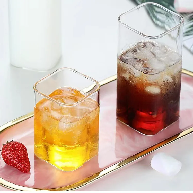 16oz transparent clear square shape glass cup high borosilicate cold hot water milk dessert cup thin glass