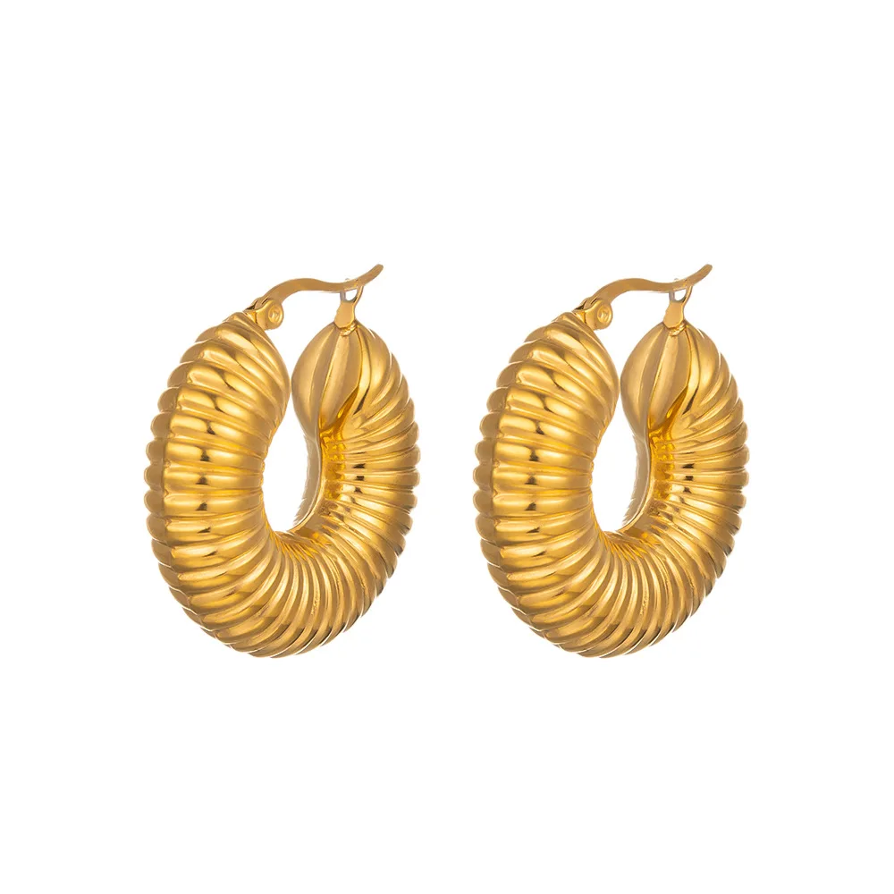 Tarnish Free Stainless Steel Gold Plated Hollow Out Chunky Earrings Jewelry Waterproof Twisted Croissant Gold Hoop Earrings