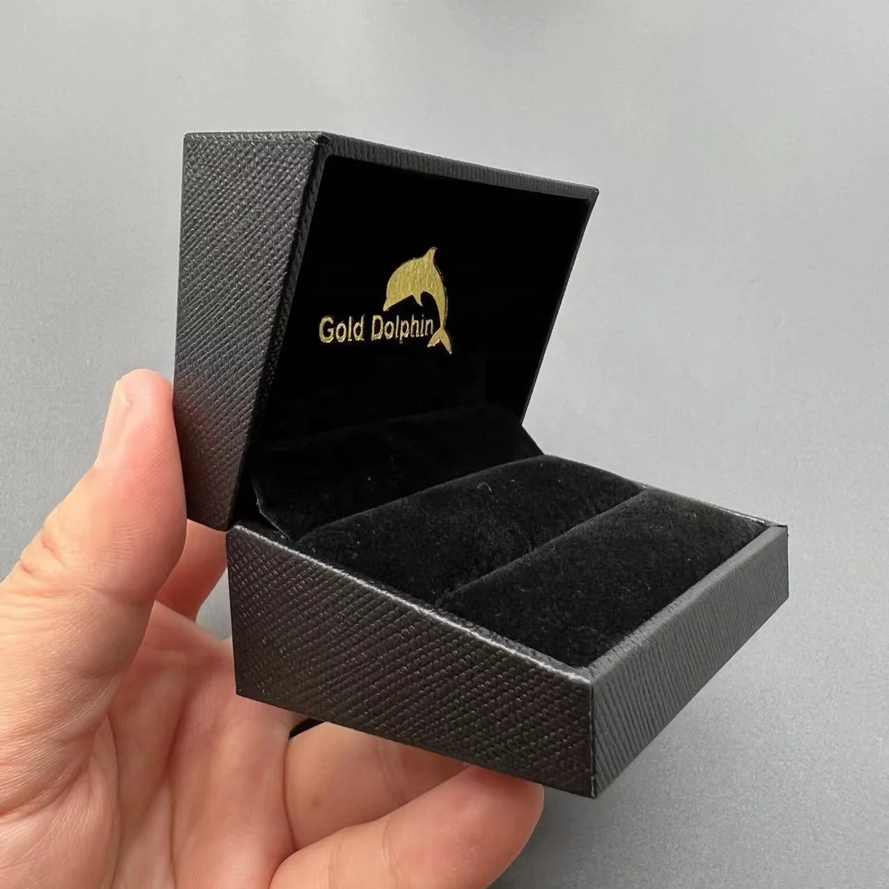 Luxury Personalized Logo Black Jewelry Ring Box With Black Print Logo With Hinge Closure For Ring Earring Gift Paper Box