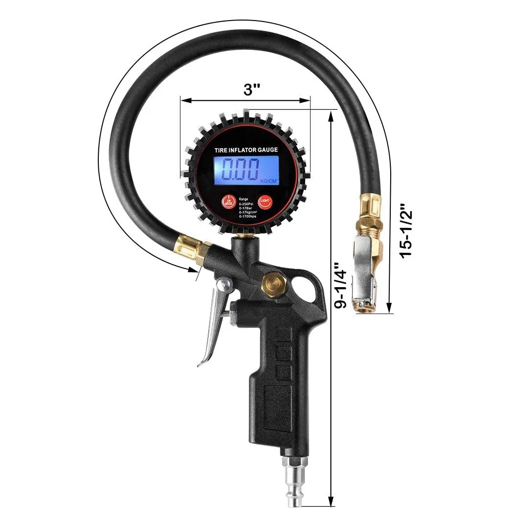 LED Display Tyre Deflator Gage Digital Tire Inflator Pressure Gauge Gun With Straight Brass Chuck Rubber Hose