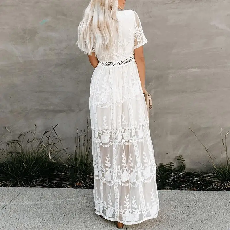 2022 Summer Boho Women Maxi Dress Loose Embroidery White Lace long Tunic Beach Dress Vacation Holiday Women Clothing