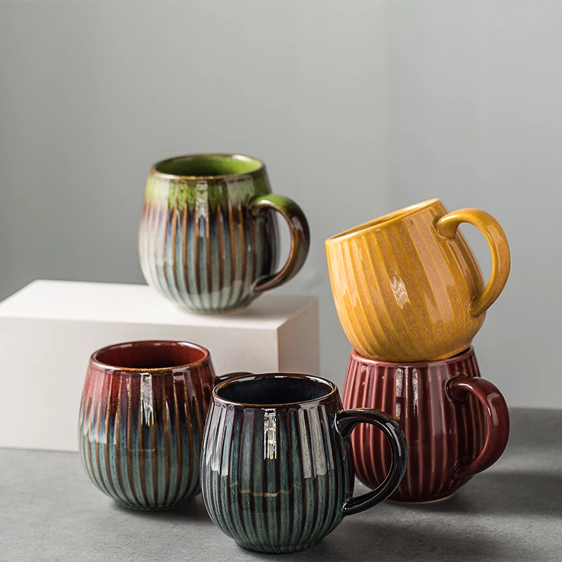 Hot Selling Large Capacity 17 oz Reusable Coffee Cups Ceramic Mug with Handle Fambe Choppy Style Home Use Office Cup