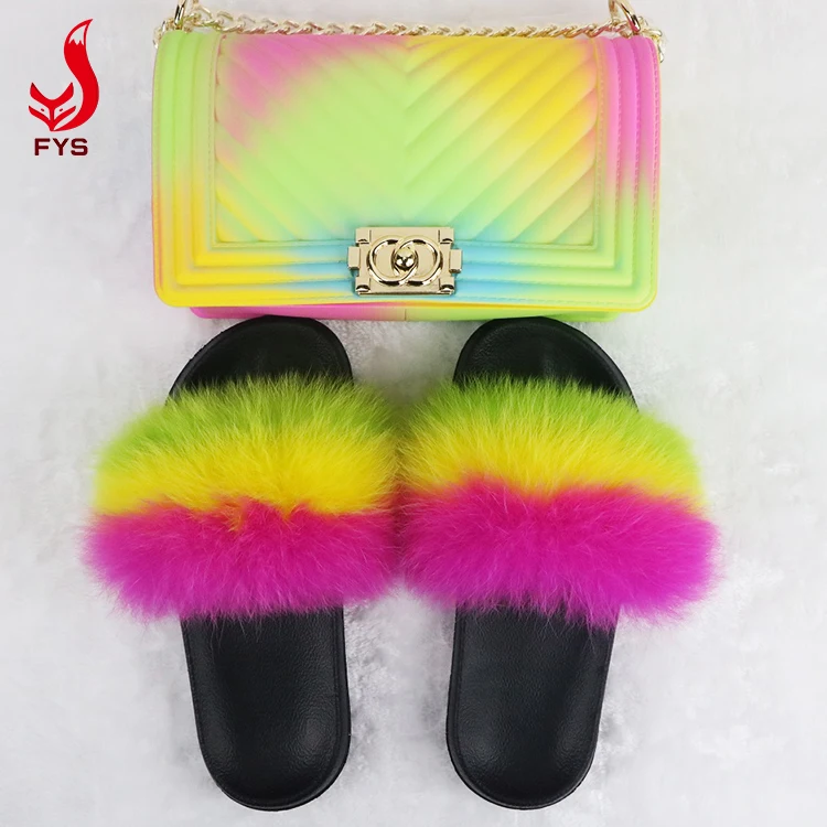
OEM women kids children fur slippers matching handbag fur slides and purse vendor 