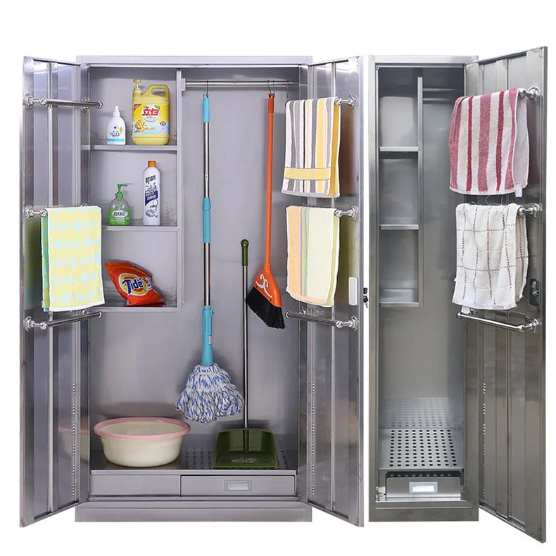 3 Fixed Side Shelves Stainless Steel Assembled Cleaning Tools Storage Steel Janitorial Cabinet lemari alat kebersihan