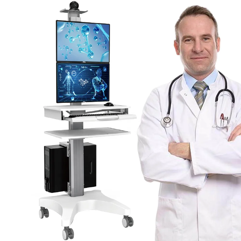 Mobile Adjustable Hospital Medical Trolley Cart With 2 Monitor Mounts Office School Laboratory Clinic Workstation