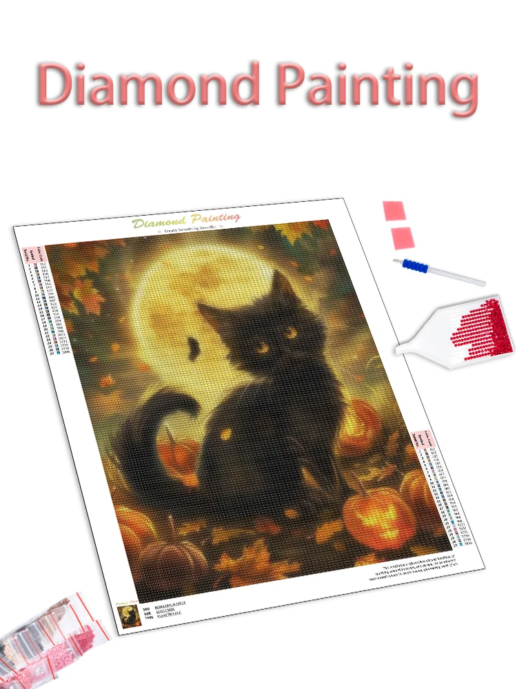 CHENISTORY Halloween Full Round Diamond Embroidery Animal Cat Diamond Painting Rhinestone Pictures Mosaic Decor For Home