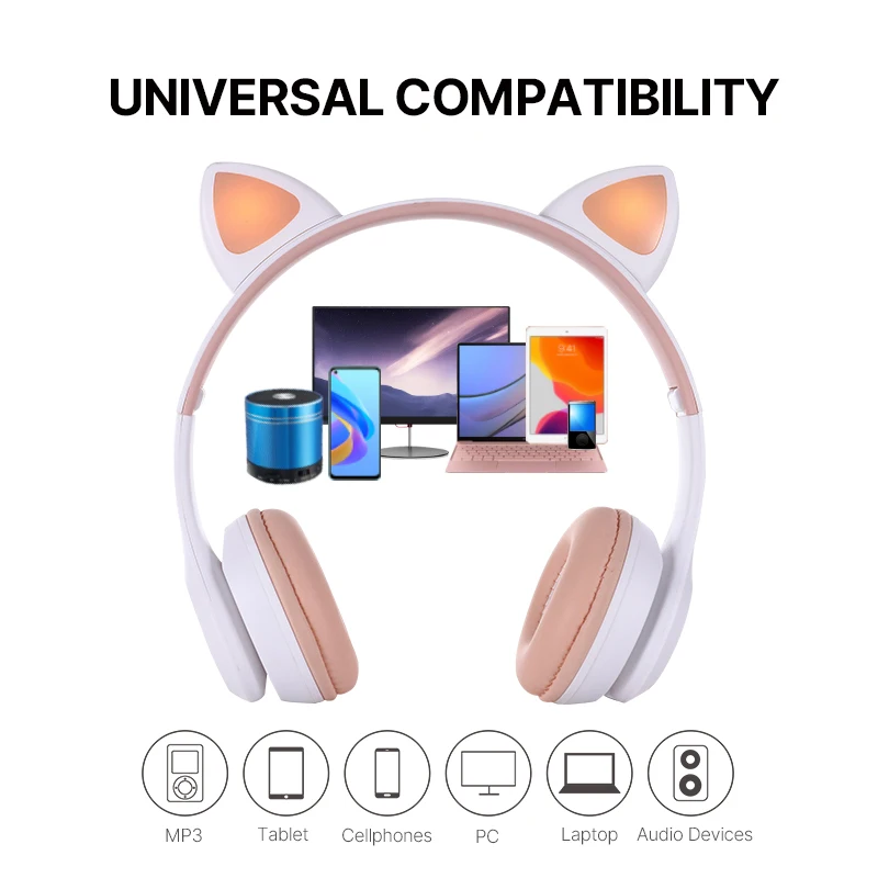 Flash Light BT Cute Cat Ear Blue tooth Headphones Wireless with Mic Stereo Foldable Kids Music Earphones Headset For Gift