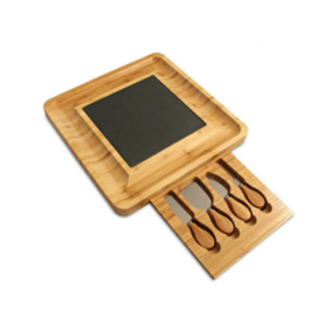 Bamboo Cheese Board Set with Slate Board Stainless Steel Blades 4 PCS Bamboo Cheese Knife