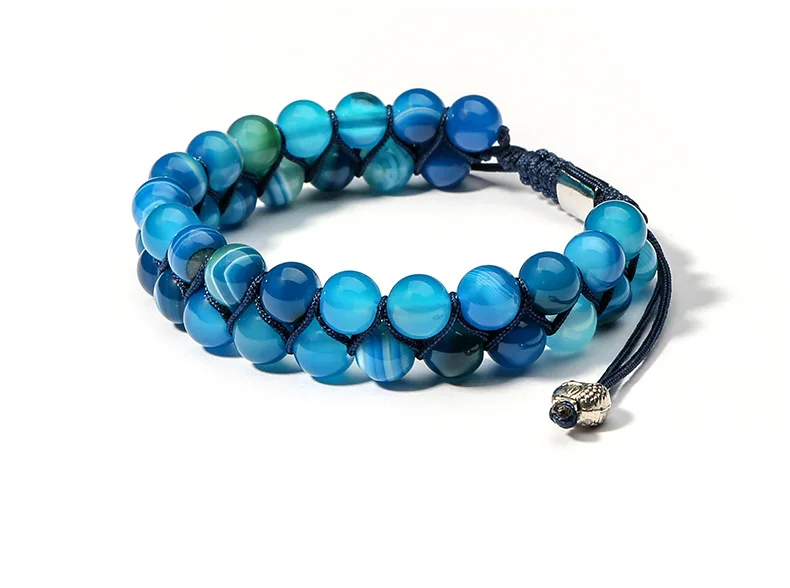 8 мм Синий Полосатый Агат двухрядный мужской браслет популярный женский тканый Регулируемый двухслойный браслет из бисера