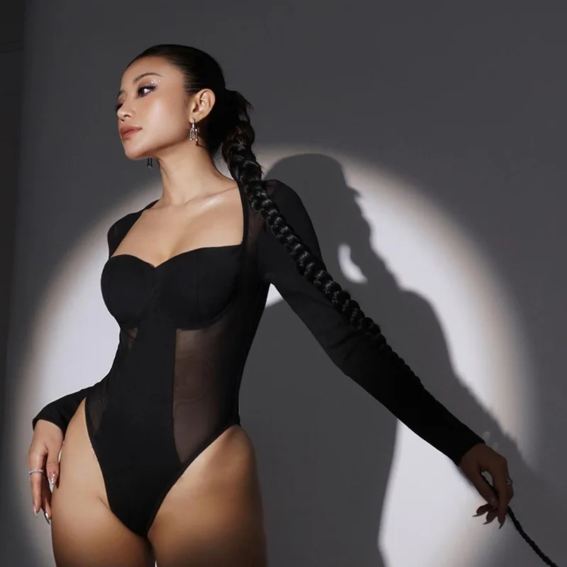Black spandex bodysuit long sleeve sexy mesh panel bustier bodysuit for women sexy tops wholesale