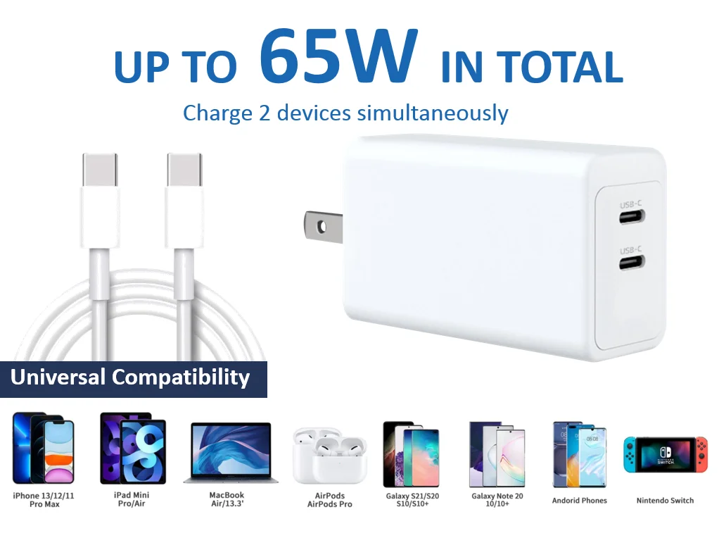 65W GaN PPS Wall Charger Type-C Dual Port PD QC 65W 20V 3.25A Fast Power Charging Adapter For Mobile Phone