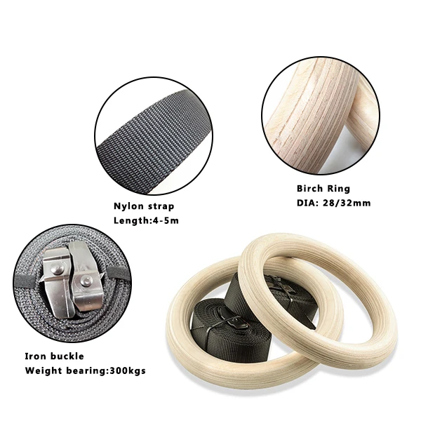 Gym And Home Fitness Exercise Gymnastics Rings Wooden Rings Pull Ups Muscle Training Ring With Buckle Straps