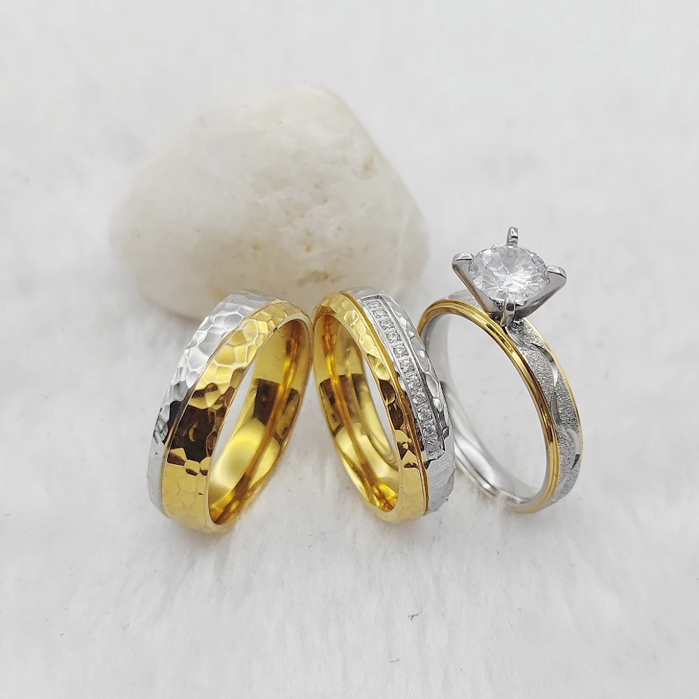New Model Jewellery 2024 Designer 3pcs Bridal Set 2025 Wedding Engagement Ring Hammered Golden Titanium Couples Ring