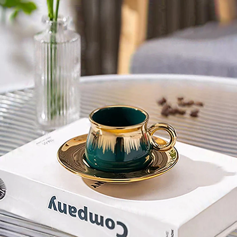 Hot Selling 90Ml Design Decal Pink Gold Plating Porcelain Gifts Coffee Ceramic Mugs Cups For Coffee Set