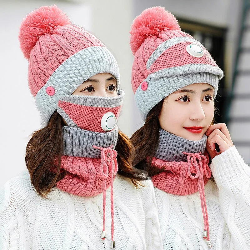 Hot Sale Girls Warm Ski Cap And Neckerchief Set Ladies Pom Pom Beanie  Female Winter Hat Mask And Scarf Three Pieces Set