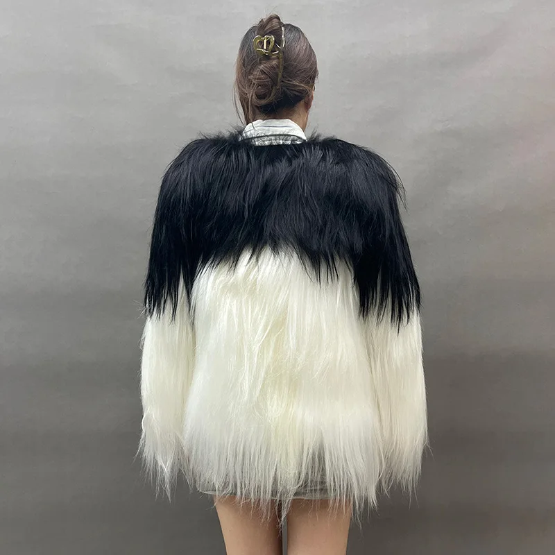 New Coming Black White Long Hair Fur Coat Women Stylish Goat Fur Coat