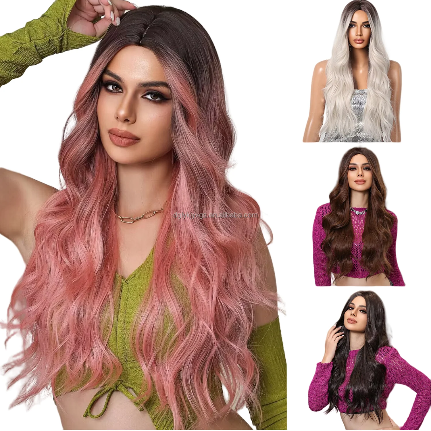 Wholesale new style Synthetic Hair Wig 26-Inches long curly Wigs Black Pink Flaxen water wave wig for women hair