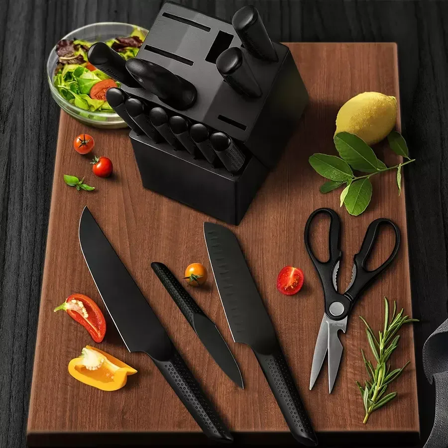 High quality stainless steel hollow handle kitchen knives chef knife set black kitchen knife set with wooden block