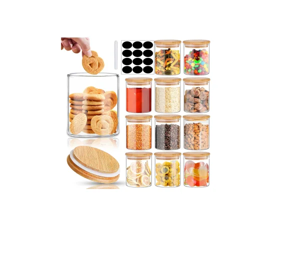 Glass Jars with Bamboo Lids 16 oz, 12pcs Glass Food Storage Jars with Rewritable Labels, Bamboo Lid Jars for Kitchen Storage