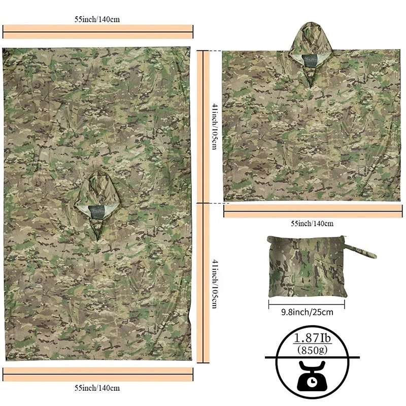 Polar Everest Rain Poncho 3 in 1 Multifunction Waterproof Outdoor Camouflage Poncho Raincoat for Backpacking Hiking Camping