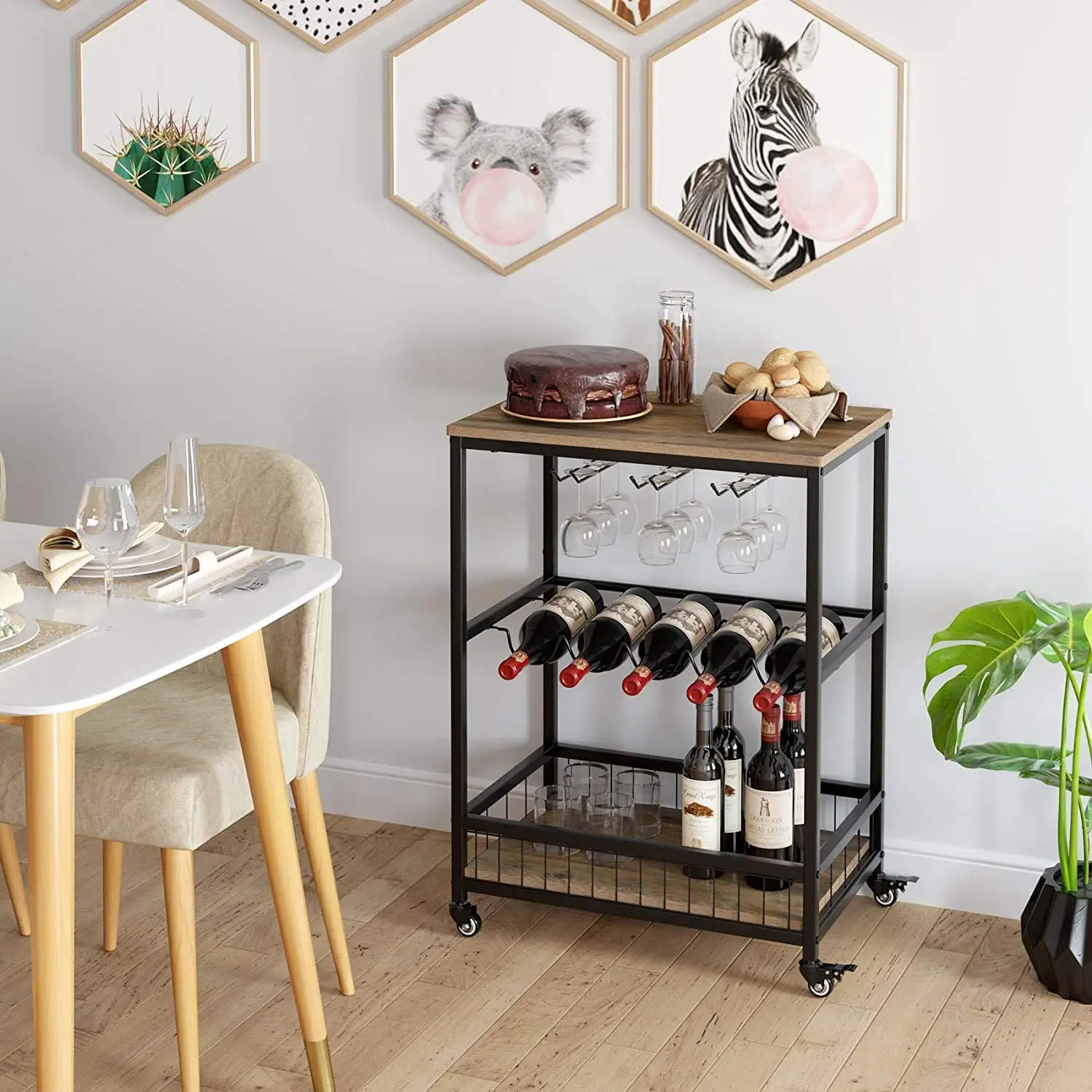 
Wine Bar Cart, Simple Modern Beverage Cart with Wine Rack/Glass Holder, Rolling Serving Cart with Lockable Wheels for Home Kitc 