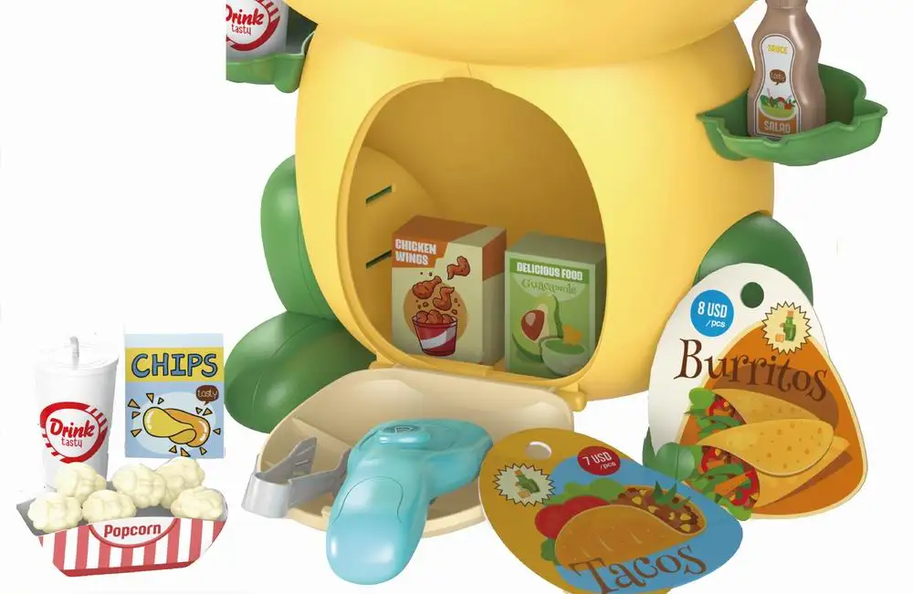 2022 Kids Play Kitchen Pretend Play Set Toys 2 in 1 Cartoon Dinosaur Fast Food 53 PCS Kitchen Accessories Plastic Kitchen Toys