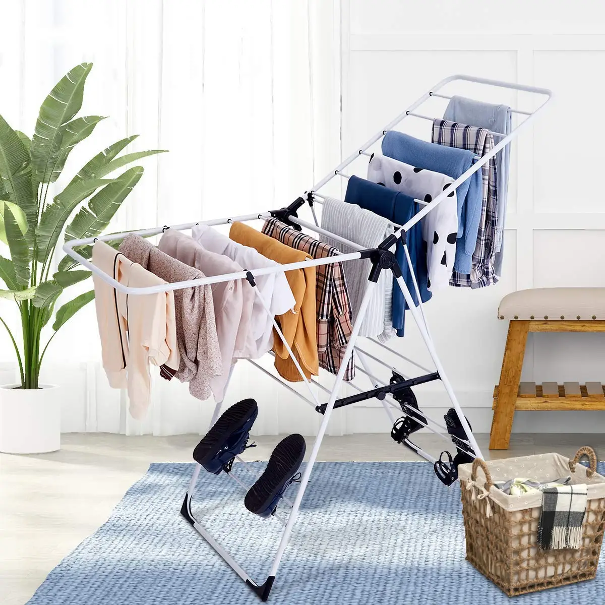 Hot Selling Stainless Floor Folding Clothes Drying Rack Foldable Clothes Rack hanger Laundry Rack with Shoe Hangers